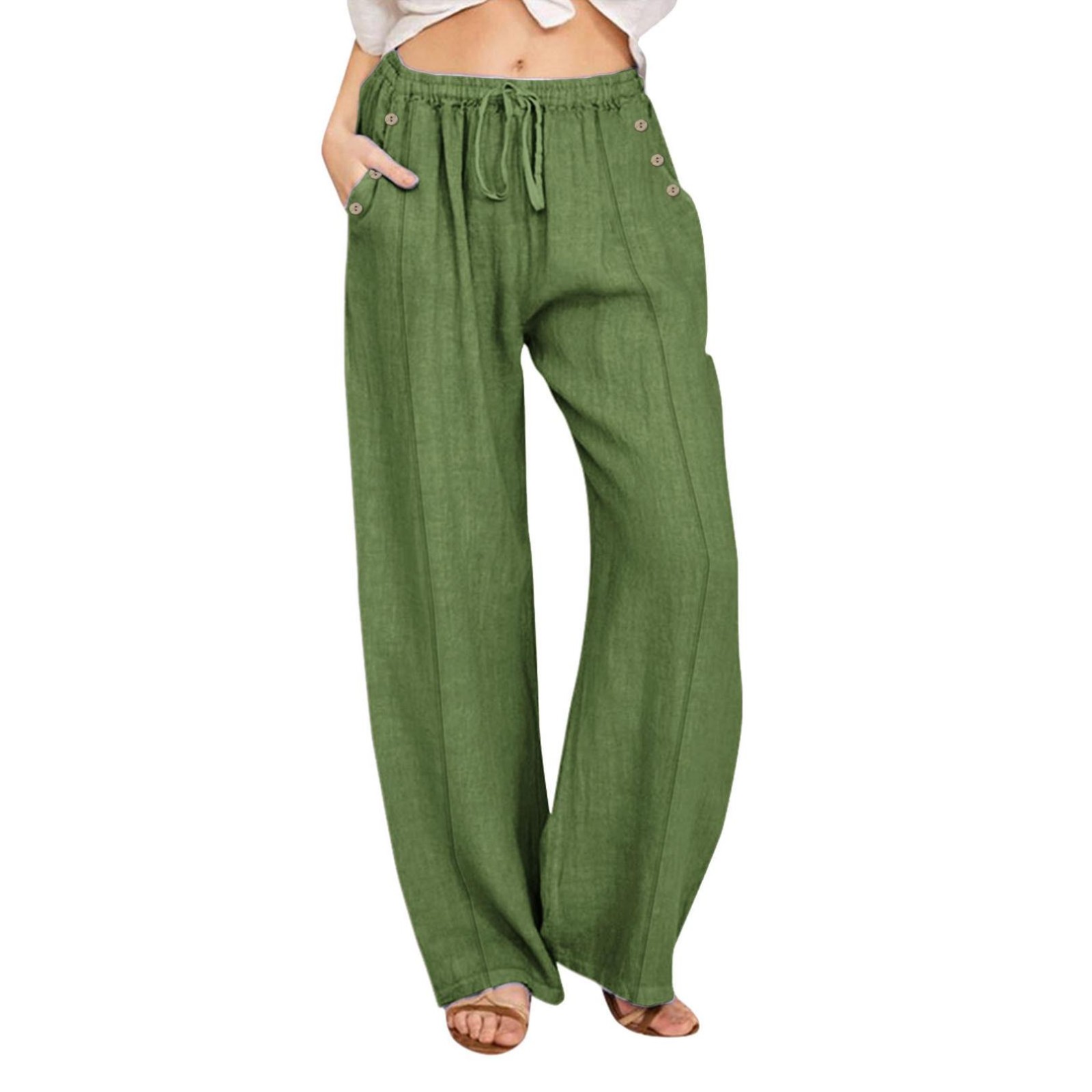 thumbnail image 1 of Pantalones informales de lino para mujer con pierna ancha: cintura alta, cordón, bolsillos, estampado de elefantes, poliéster-spandex transpirable, tallas S-XXXL., 1 of 4